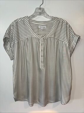 White and Green Striped Short-Sleeve Henley Blouse
